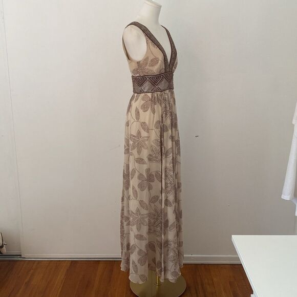BCBG Beaded Cream & Brown Floral Silk Gown Size 2 - Picture 5 of 16